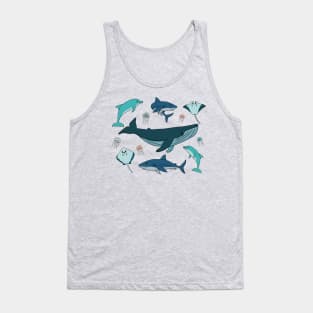 cartoon ocean and sea happy animals. Whale, dolphin, shark, stingray of two types, jellyfish Tank Top